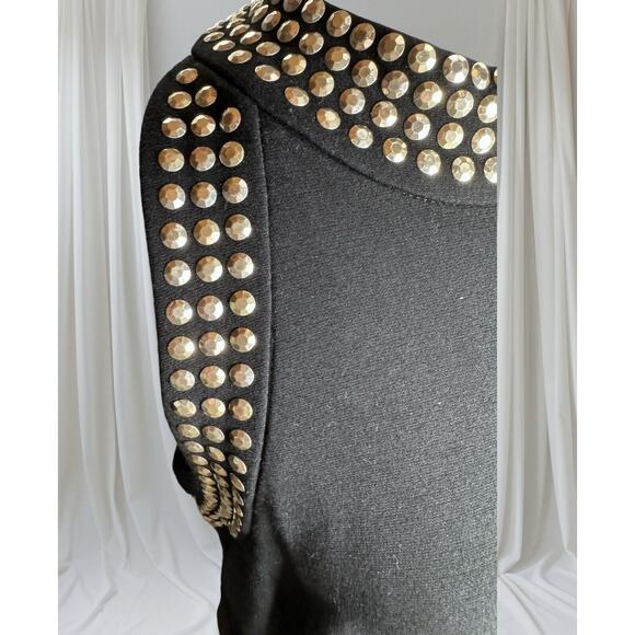Carmen Marc Valvo Black Studded Midi Dress Sz L Cocktail Party Glam Evening Chic - Picture 3 of 9